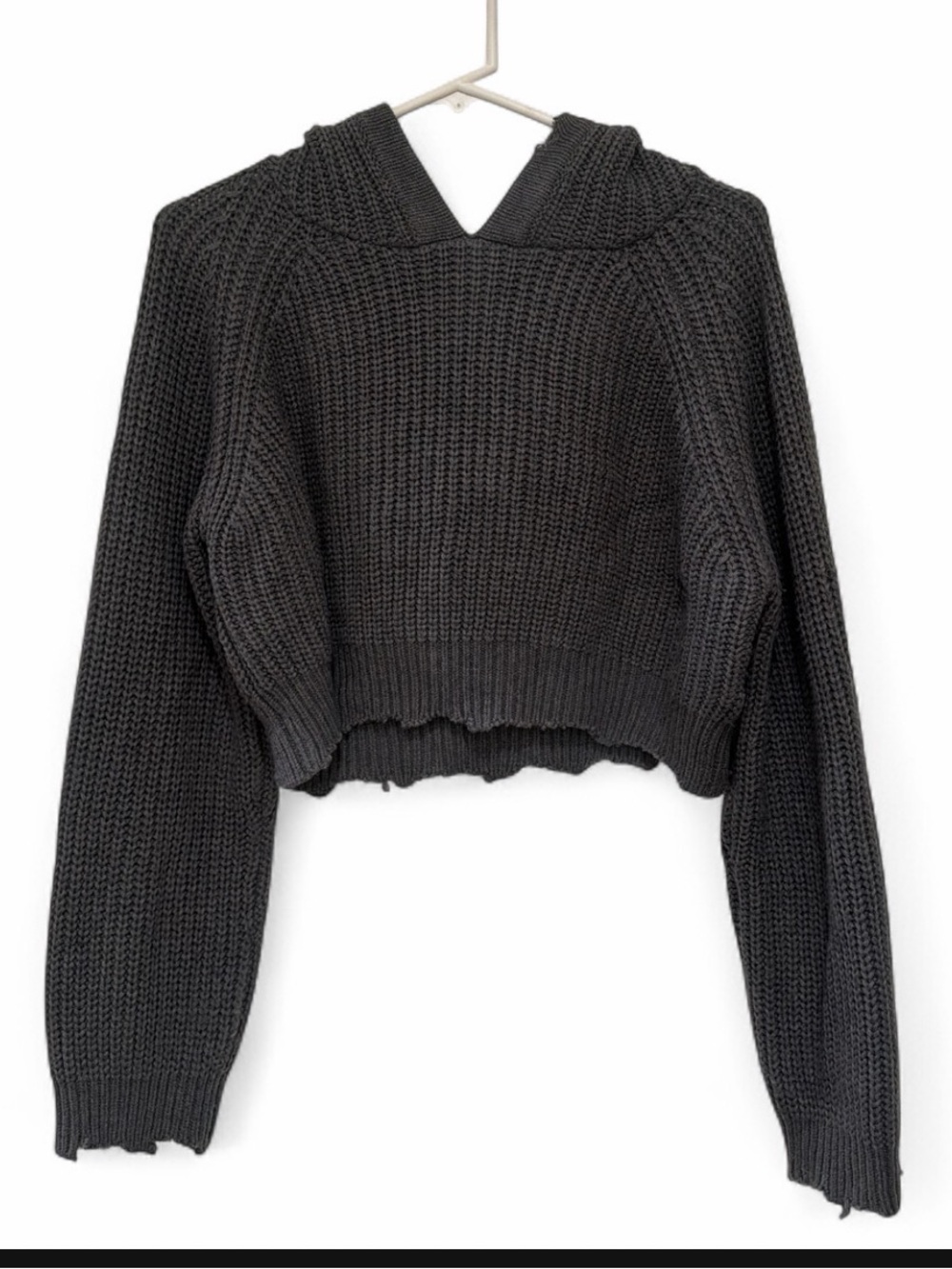 Olivaceous Distressed Cropped Knit Hoodie